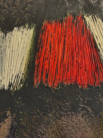 Image of surface texture of Untitled#002 abstract painting by Frederik Ottesen showing the red, white and black area of the painting..