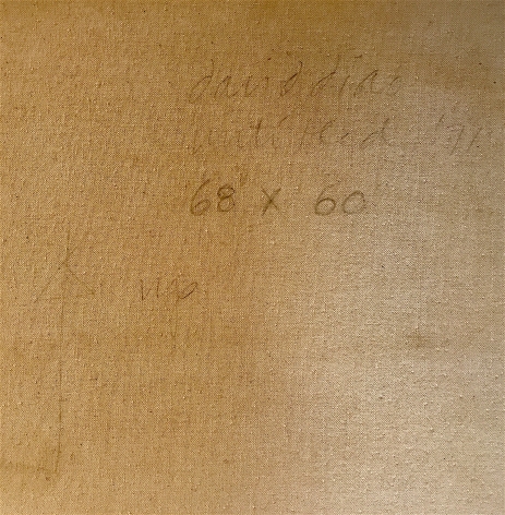 Image of signature, date and size on verso of Untitled 1971 acrylic painting by David Diao.