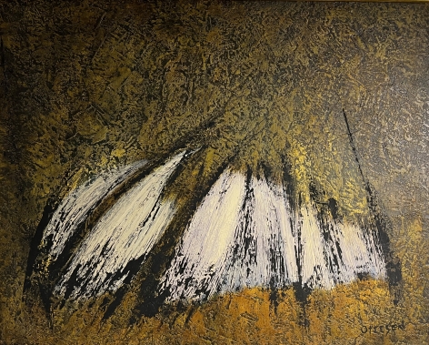 Untitled encaustic abstract painting by Frederic Ottesen, significant texture from the wax and color with white, black, golden brown colors.