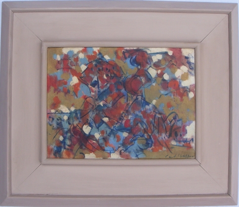 Frame on red abstract painting by Carl Holty.