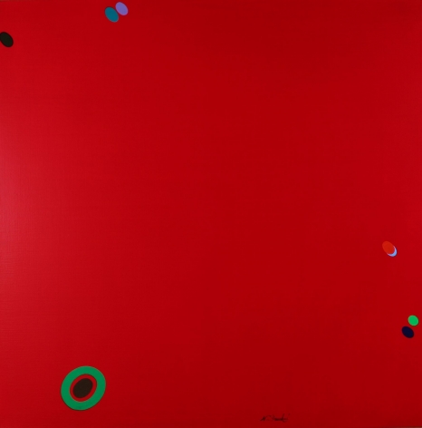 Untitled acrylic painting of red with floating dots by Naohiko Inukai.