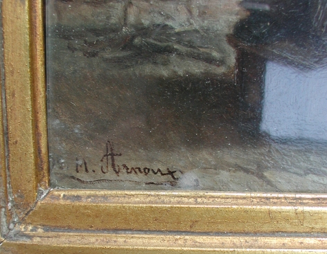 Signature on "Girl with Bird" by Michel Arnoux.