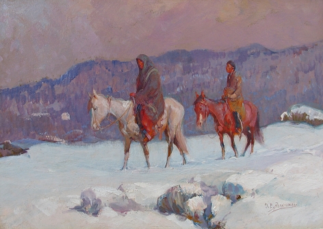 Image of &quot;The Snow Covered Trail&quot; impressionist painting by artist Oscar Berninghaus showing two Native American people on horseback going through the snow with purple-ish pink-ish colored mountains in the background..