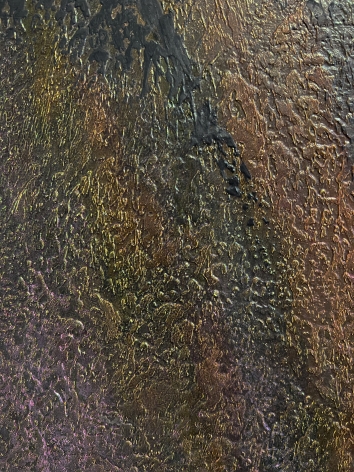 Image of surface texture of Untitled#002 abstract painting by Frederik Ottesen showing the pebbled surface on the painting in browns with some pink and golden highlights.