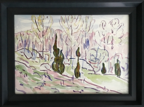 Frame of "Poplars" watercolor painting by Allen Tucker.