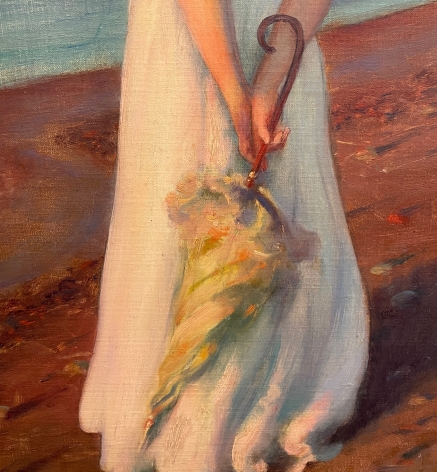 Closeup image detail of the yellow parasol in the painting "On the Shore of Lake Erie".