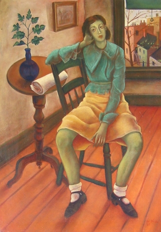 Oil painting of girl in interior by Julio De Diego.