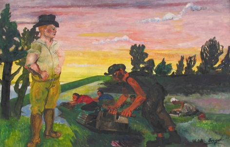 Image of "Eat More Cranberries" painting by artist Philip Evergood depicting a white male standing and watching five African Americans hand harvest dry cranberries with old fashioned scoops.