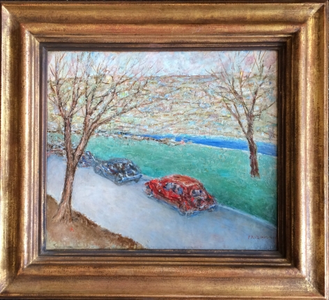 Image of frame on "Autumn Day Drive" painting by Arnold Friedman.