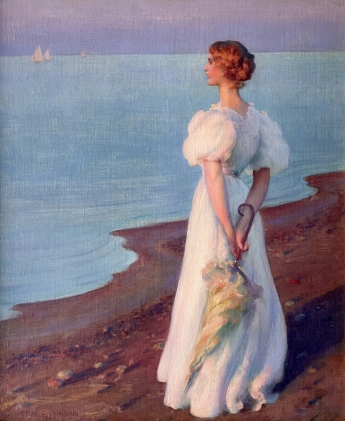 Image of "On the Shore of Lake Erie" impressionistic painting by artist Charles Courtney Curran showing a woman in a turn-of-the-century white dress, holding an umbrella behind her, looking out at Lake Erie with sailboats in the far distance..