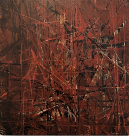 Image of untitled 1963 abstract painting by artist Jimmy Ernst with strong geometric lines of predominantly red with a little bit of black.