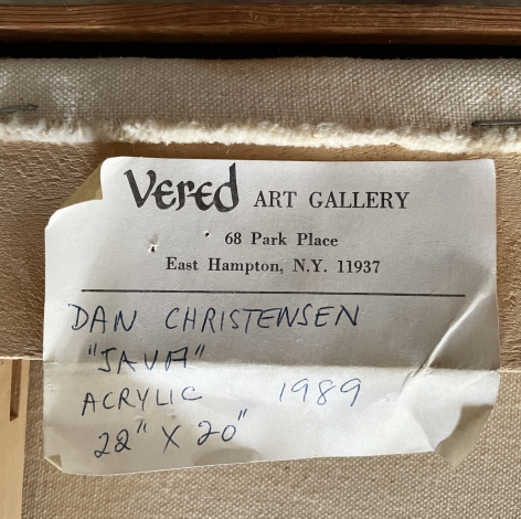 Label verso on "Java" by Dan Christensen.