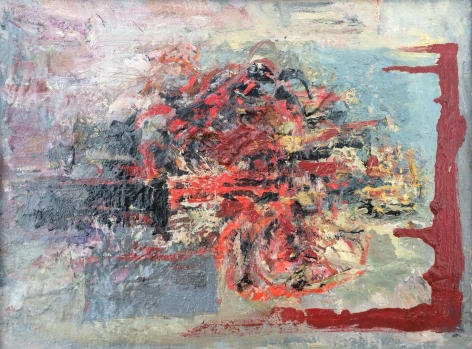 Image of abstract oil painting entitled "flowers and tears" by Hans Burkhardt depicting thickly applied paint in reds, oranges, black, grey, yellow and soft pinks.