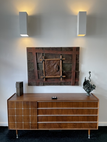 Image of Yangtze painting by Stephen Buckley hanging on the wall at Caldwell Gallery Hudson above a mid century modern credenza.