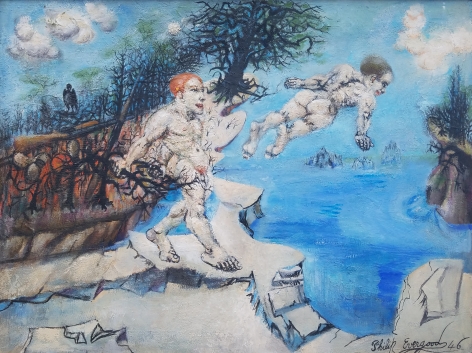 Image of "Lure of the Waters" painting by artist Philip Evergood depicting two naked men jumping into a lake off of some stone ledges, behind them are some brambles where two shotguns are resting.