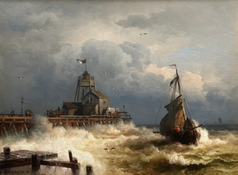 Hermann Herzog sold painting entitled "Life Saving Station, Ostend, Belgium".