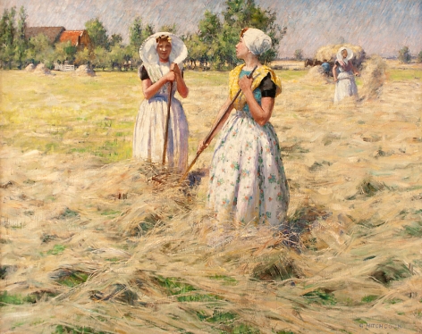 Image of "Haymakers, Zeeland" painting by artist George Hitchcock depicting of a freshly cut hayfield with three woman, two in the foreground and one in the background, all wearing traditional 19th century Netherland dresses, and headwear raking hay.