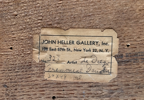 Image of John Heller Gallery verso label on "Ceremonial Dancers" painting by Julio De Diego.