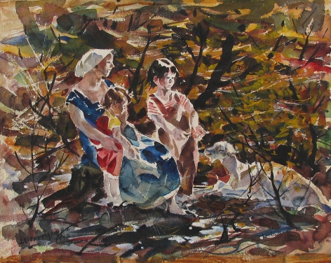 John Costigan watercolor entitled "Mother and Children".