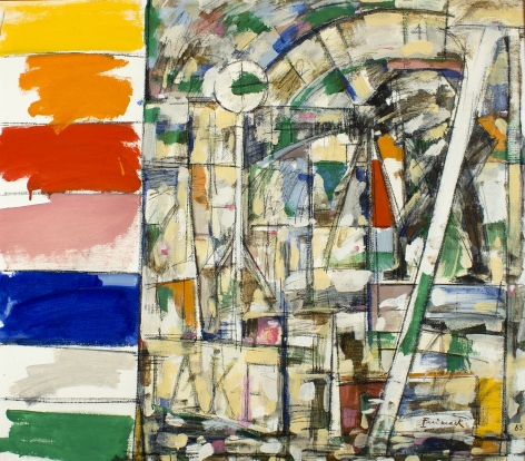 Image of abstract "Photography" painting by by artist Robert Freimark showing large swaths of yellow, orange red, pink, blue, white and green paint on the left side of the canvas with a colorful abstraction on the right two thirds of the painting.