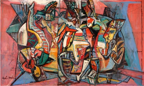 Image of 1947 abstract oil painting entitled "Heads or Tails" by artist Paul Burlin depicting many bright colors including reds, blues, yellows, black, greens, oranges.