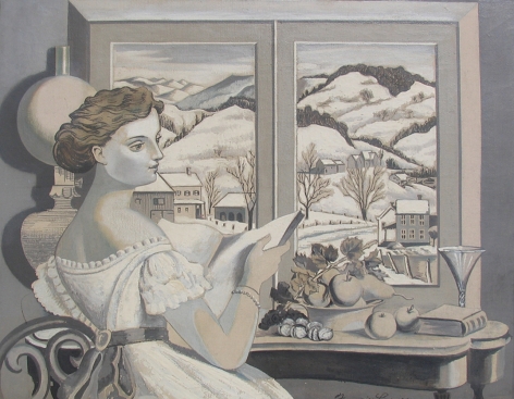 Image of "Winter Morning" painting by artist Francis Criss showing a seated woman, in an old-fashioned dress, holding a book looking out a window at a snowy scene.