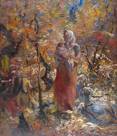 Image of "Mother and Child" oil painting by artist John Costigan depicting an impressionistic scene of an autumnal woods with a standing woman wearing a long skirt and kerchief holding a very young child in her arms with two goats sitting down at her feet.