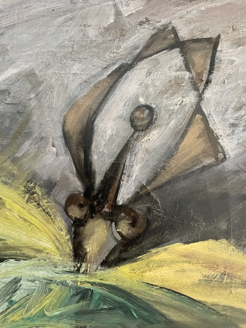 Image detail of abstract yellow tutu ballerina in "Ballerinas" painting by Hans Burkhardt.
