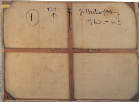 Image of signature and date with orientation arrow on "Untitled Artist's Estate #30" painting by Julius Hatofsky.