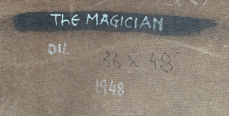 Inscription verso on "The Magician" painting by Julio De Diego.