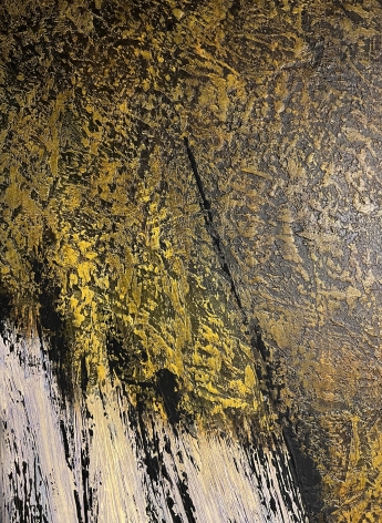 Image of surface texture of Untitled#001 abstract painting by Frederik Ottesen showing the white, yellow and ochre-brown section.