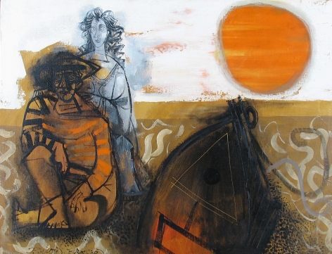 Image of &quot;On the Beach&quot; painting by artist Byron Browne showing a modernist depiction of a seated man with a kneeling woman behind him next to a boat with a bright orange sun above the horizon.