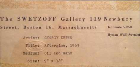 Label Verso on "Afterglow" painting by Gyorgy Kepes.