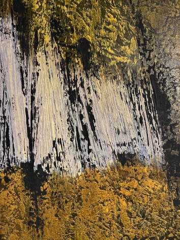 Image of surface texture of Untitled#001 abstract painting by Frederik Ottesen showing the white, black yellow and golden brown section on the right.