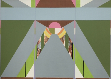 Image of "Mahler's Castle II" painting by artist Budd Hopkins, a geometric abstract painting of greens, grays, whites, browns, pinks, orange and yellow colors, mostly in single color sections, but with some mixed colors.