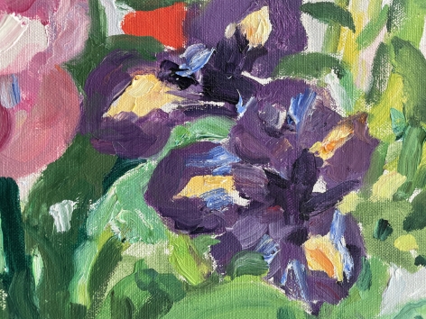 Closeup detail of purple Iris in Nell Blaine's painting Bouquet of Peonies and Empire Lily.