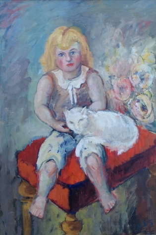 Oil on canvas entitled "Girl with Cat" by Hans Burkhardt.