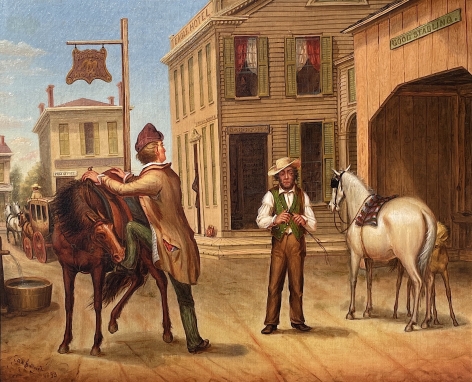 Image of "Horse Trade Scene" painting by artist Otis Bullard showing two men having just completed a trade of horses - a cream colored mother and foal for a nipping roan in a nineteenth century town in Maine.