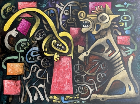 Image of abstract painting entitled "Trojan Horse - Equestrian" by artist Julio de Diego featuring a skeletal horse on the right and many faces and abstract figures painted with bright colors of red, yellow, green, blue and orange.