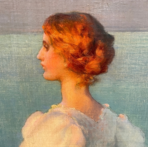 Closeup image detail of the woman's head and shoulders in the painting "On the Shore of Lake Erie".