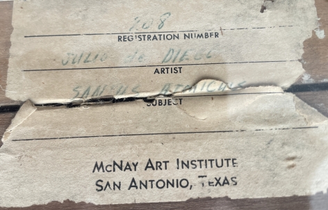Image of McNay Art Institute label verso on "St. Atomic" painting by Julio De Diego.