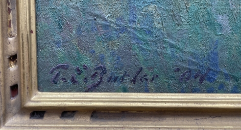 Image of signature and date on "Farm Orchard in Winter" painting by Theodore Butler.