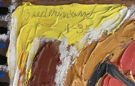 Image of signature and title on &quot;1-35&quot; painting by Charles Biederman, incised into the yellow section of paint.