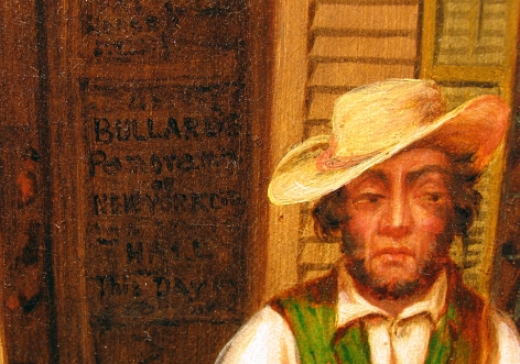 Image of closeup detail of advertisement for Otis Bullard's Panorama in "Horse Trade Scene" painting.