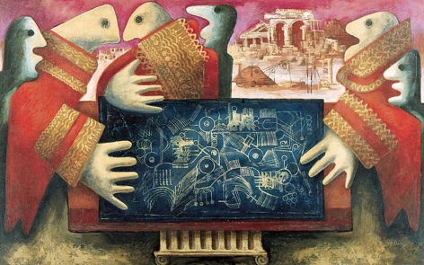 Oil painting entitled "Blueprint of the Future" by Julio De Diego.