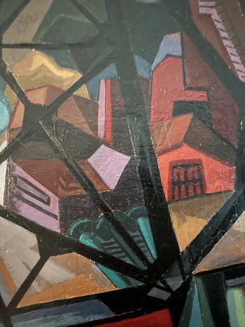 Closeup detail from upper left corner of painting "Ballad for Two Women" by Seymour Franks depicting the view from a window of a cubist styled town.