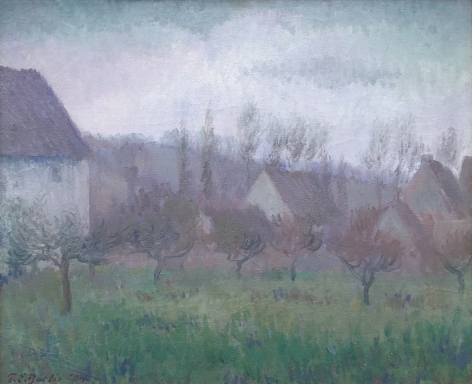 Image of "Farm Orchard in Winter Giverny" painting by Theodore Earl Butler depicting a small impressionistic orchard of grass and trees in the foreground with four buildings in the background.