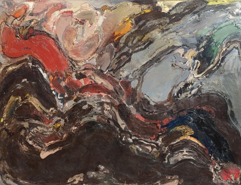 Image of "Untitled Artist's Estate #30" abstract oil painting by artist Julius Hatofsky filled with undulations of browns, reds, blues, greens, pinks, grays and some splotches of yellow.