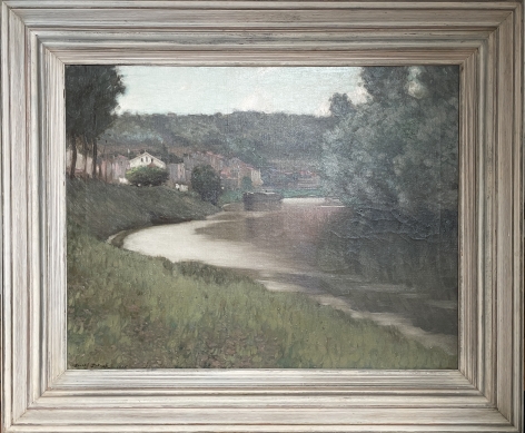 Image of silver colored frame of "River Scene" painting by Edward Dufner.
