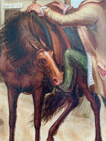 Closeup image of the newly purchased horse in "Horse Trade Scene" painting by Otis Bullard.